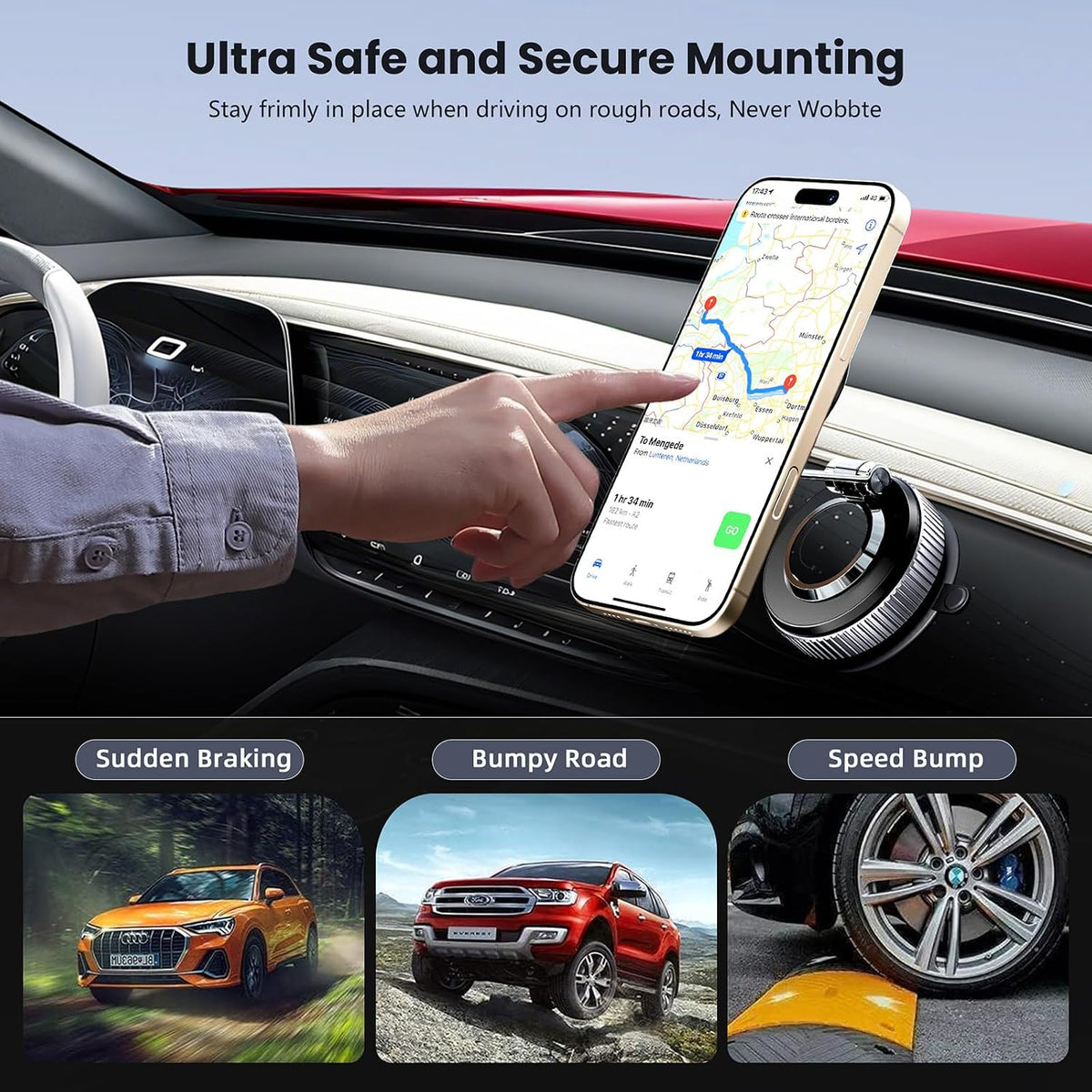 Vacuum Magnetic Car Phone Holder-118Lbs Strong Suction+2800Gf Magnet,360° Adjustable Dashboard Mount, Hands-Free Cell Phone Stand for Iphone/Samsung Magsafe, Works on Mirror/Gym/Kitchen &Multi-Surface